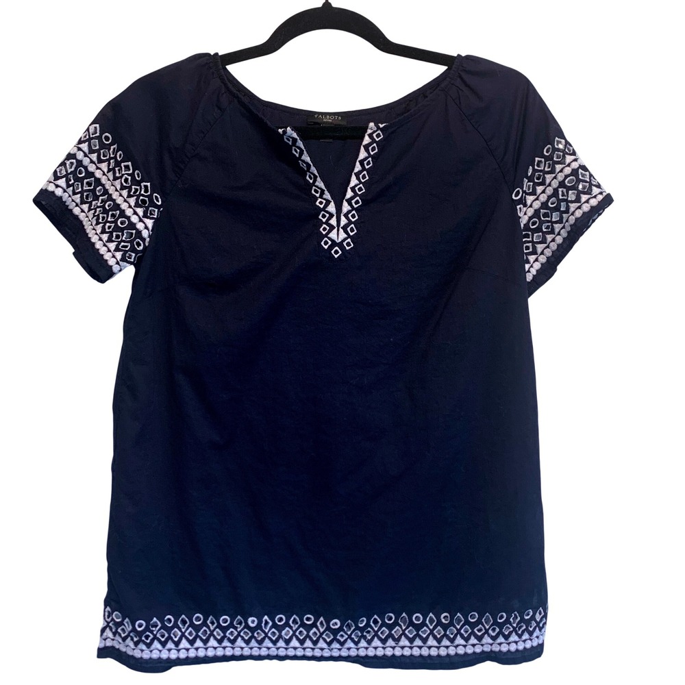 Talbots Embroidered Split Neck Blouse Small P Cotton Eyelet Bohemian Coastal